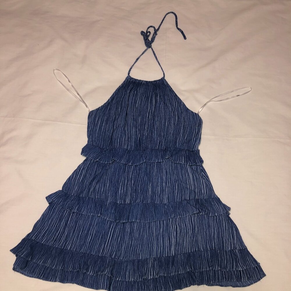 Lulus Darling Blue Ruffled Halter Mini Dress- Size Small. Lined. Open Back. Zip.
